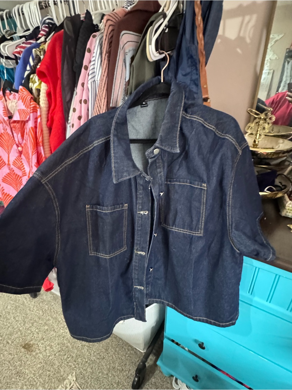 SHEIN Dark Blue Oversized Denim Jacket with Patch Pockets